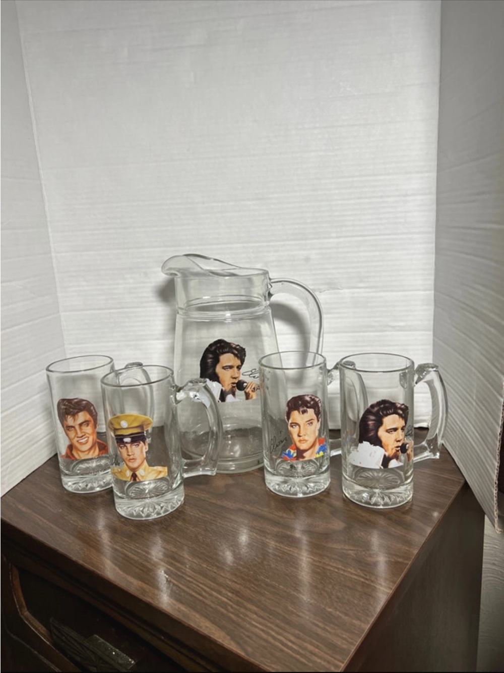 Elvis Presley Collector Glass Pitcher and Mug Set - Clear with Printed Portraits